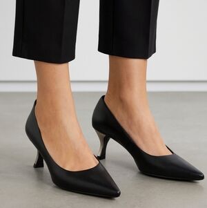 Luxury Rebel Black Leather Heels Low Metallic Silver Heel Pointed Toe 8